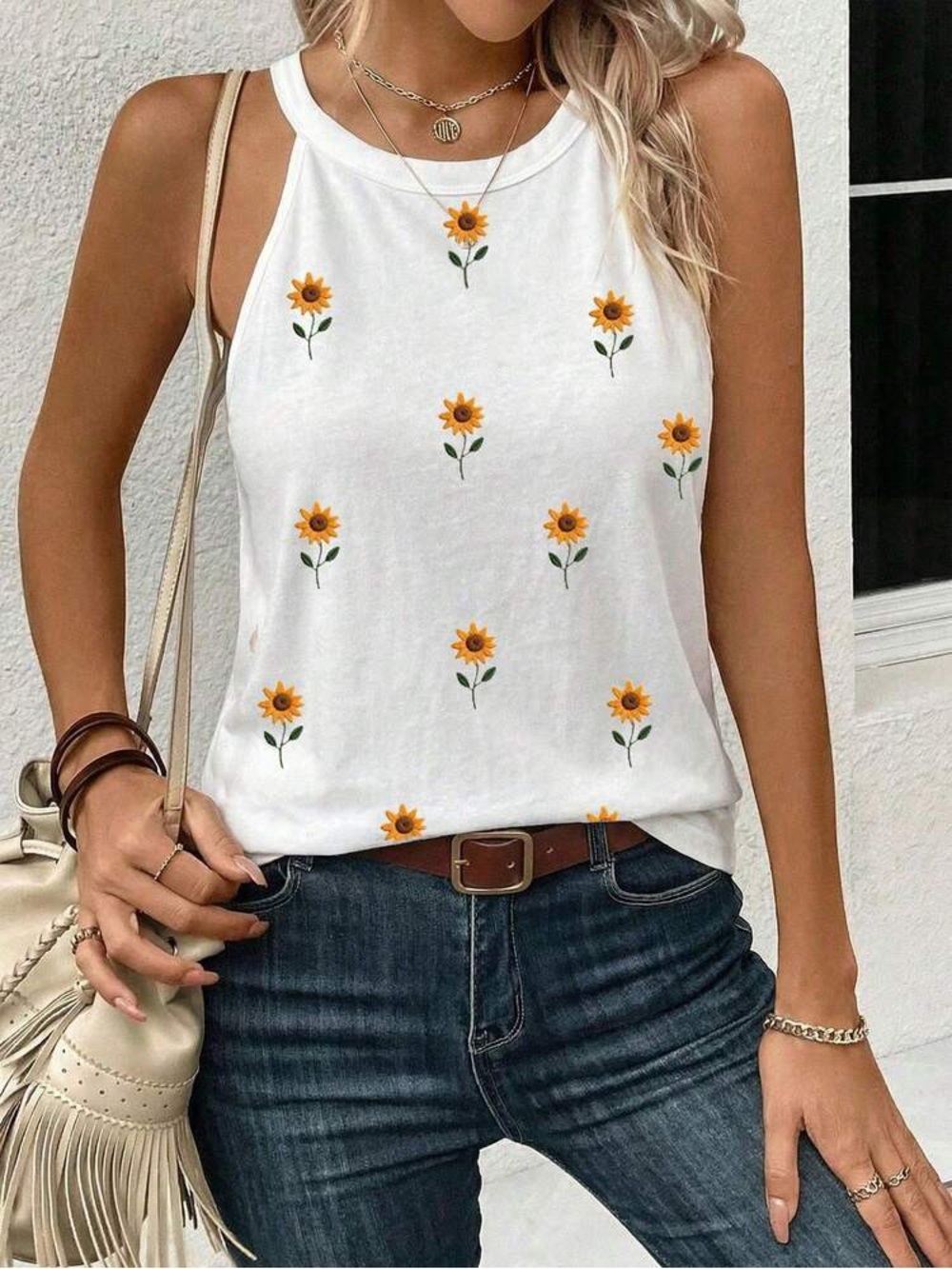 SHEIN Sunflower Embroidered Tank Top Medium White High Neck Cottagecore